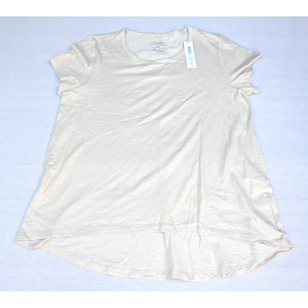 Chicos Womens 2 L NWT Cream Gold Shimmer Cotton Slub Tee High Low Hem Scoop Neck